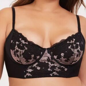 TORRID 2 Two Tone Lace Underwire Bra longline 0335 Rich Black Lotus